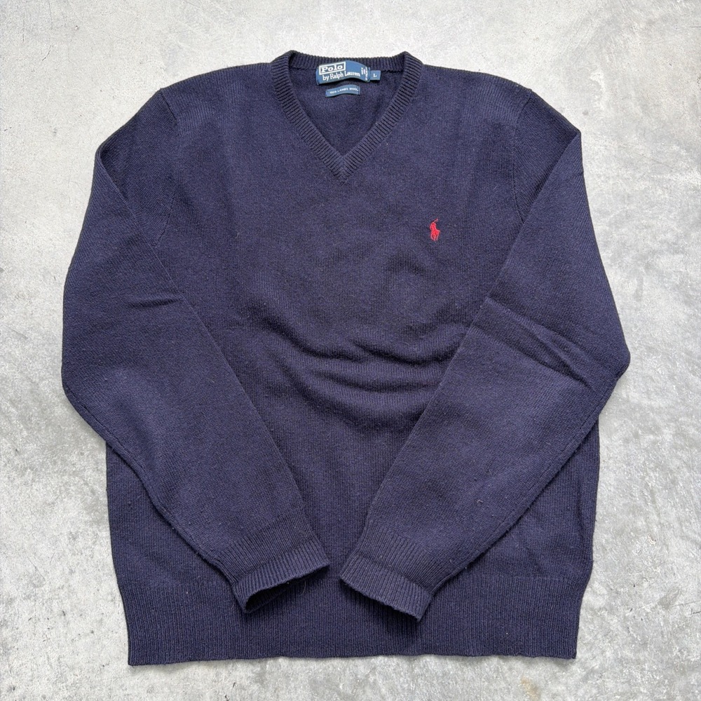 Polo Ralph Lauren 100%‎ Lambs Wool Vneck Size Large Blue